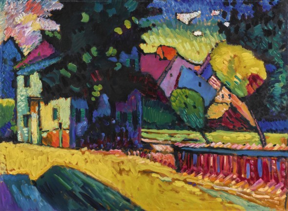 Wassily Kandinsky 1866 - 1944 MURNAU - LANDSCHAFT MIT GRÜNEM HAUS (MURNAU - LANDSCAPE WITH GREEN HOUSE) signed Kandinsky and dated 1909 (lower right); signed Kandinsky on the reverse; signed Kandinsky, titled and numbered no. 79 on the backboard oil on board 70 by 96cm. 27 1/2 by 37 3/4 in. Painted in 1909. Estimate   15,000,000 — 25,000,000  GBP  LOT SOLD. 20,971,250 GBP 