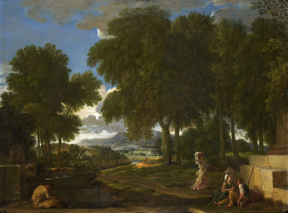 NICOLAS POUSSIN (Les Andelys 1594-1665 Rome)  Landscape with a man washing his feet at a fountain Oil on canvas, 74.3 x 100.3 cm 1640 ca  PROVENANCE Private collection, Monaco  INSCRIPTIONS Monogrammed “NP” in the lower center, near the fountain  Expertise C. Strinati, June 2016.