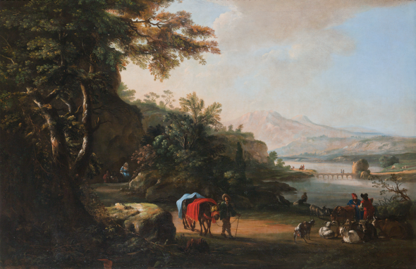 FREDERIK DE MOUCHERON (Emden 1633 -Amsterdam 1686)  Landscape with a traveler pulling two mules in the centre and a wide stream on the right Oil on canvas, 112 x 171 cm