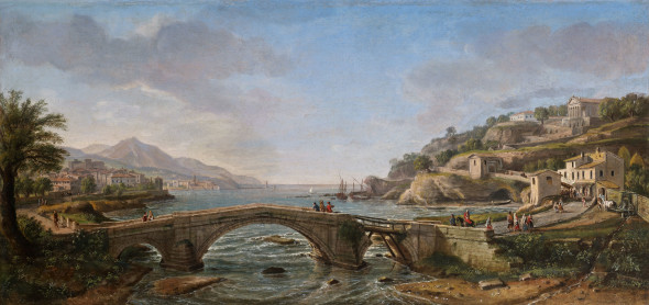 GASPAR VAN WITTEL, called GASPARE VANVITELLI (Amersfoort 1652/3 - Rome 1736)  A Mediterranean Inlet with a Three-Arched Bridge in the Foreground, a Temple on a Hill and a Village with a Castle beyond Oil on canvas 50.5 x 106 cm.  PROVENANCE Private Collection, Switzerland.
