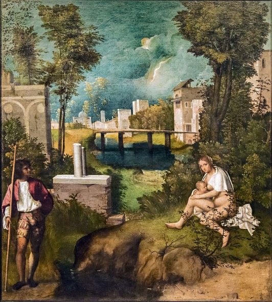 empesta Accademia - La tempesta - Giorgione.jpg AutoreGiorgione Data	1502-1503 circa Tecnica	olio su tela Dimensioni	83×73 cm Ubicazione	Gallerie dell'Accademia, Venezia