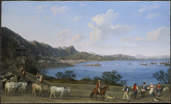 JAKOB PHILIPP HACKERT (Prenzlau 1737 - 1807 San Pietro di Careggi)   Il Porto di Salerno visto da Vietri, con in primo piano pastori e altre figure, e sullo sfondo il Castello di Arechi e imbarcazioni nella baia olio su tela 135,7 x 221,6 cm  Inscritto, firmato e datato Porto di Salerno / Filippo Hackert dipinse 1797 (in basso al centro)  PROVENIENZA (Probabilmente) dipinto per il re Ferdinando IV di Napoli (1751-1825), e in seguito elencato nell'inventario dell'artista, 1807, n. 1, come 'Port de Salerno'.