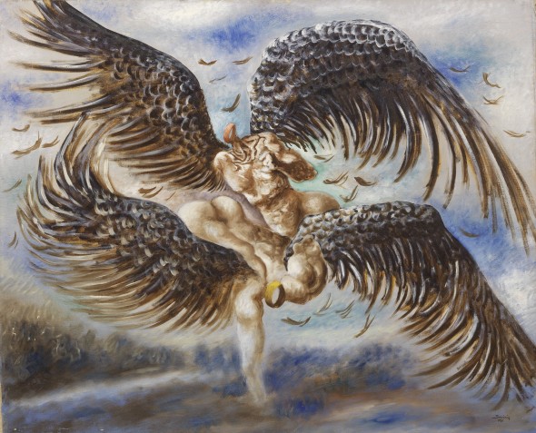 Alberto Savinio  Atene 1891 - Roma 1952  LES ANGES BATAILLEURS, 1930  STIMA € 200.000 / 300.000   Olio su tela, cm. 80,5x100