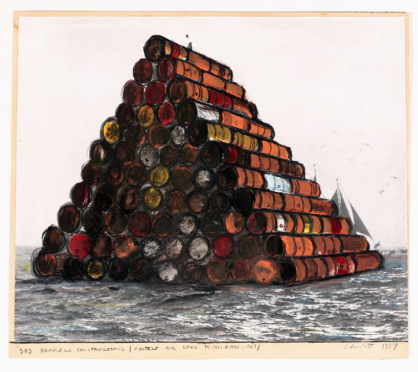 Christo 303 barrels Construction (Project for Lake Michigan – 1968) Collage, 1967 47.6 x 54.6 cm Wax crayon, enamel paint and photostat on card Courtesy of the artist Photo: André Grossmann © 1967 Christo
