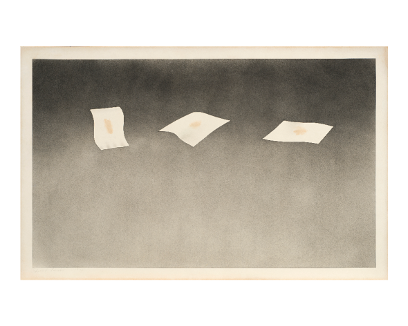 EDWARD RUSCHA "Three Sheets with Raisin Stains" 1973 polvere da sparo e macchie di uva passa su carta cm 36,8x58,4 Firmato e datato 1973 in basso a sinistra