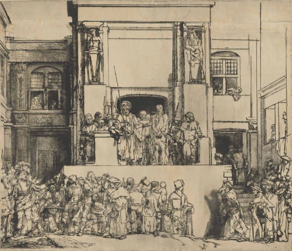 REMBRANDT HARMENSZ. VAN RIJN (1606-1669) Christ presented to the people (‘Ecce Homo’) drypoint, 1655, on joined sheets of warm-toned Japan paper, a superb impression of this highly important subject, New Hollstein’s extremely rare first state (of eight) Plate 15 x 17 9/16 in. (38.2 x 44.7 cm.). Sheet 15 . x 17 5/8 in. (38.7 x 44.8 cm.) Estimate On Request