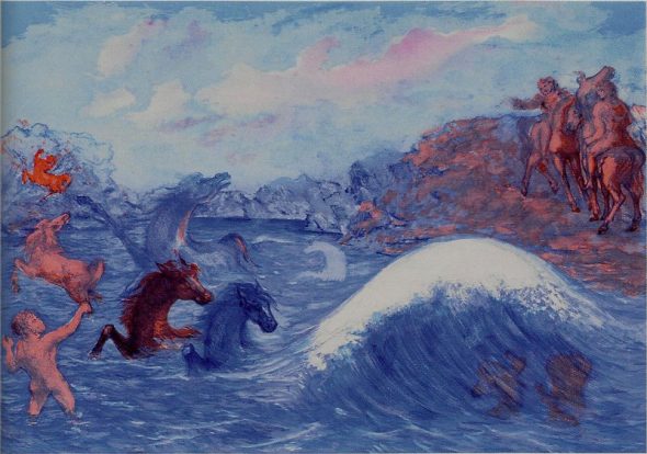 Aligi Sassu I cavalli di Poseidone Dalla suite “Aligi Sassu: il mito del Mediterraneo” 1989/90 acquaforte, acquatinta e puntasecca a 6 colori, cm 65×87