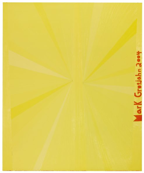 Mark Grotjahn B. 1968 UNTITLED (YELLOW BUTTERFLY ORANGE MARK GROTJAHN 2004) signed and dated 2004 oil on linen 152.4 by 127 cm. 60 by 50 in.
