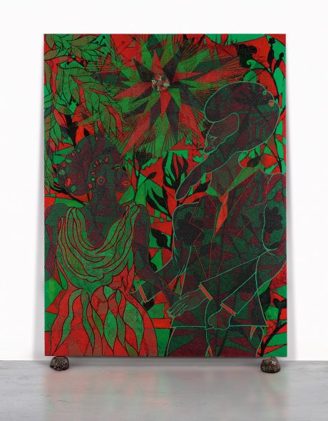 Chris Ofili B. 1968 AFROMANTICS titled; signed, titled and dated 2000-2002 on the overlap; signed, titled and dated 2000-2002 on the stretcher acrylic, oil, leaves, glitter, polyester resin, map pins and elephant dung on linen, with two elephant dung supports 261.6 by 182.9 cm. 103 by 72 in.