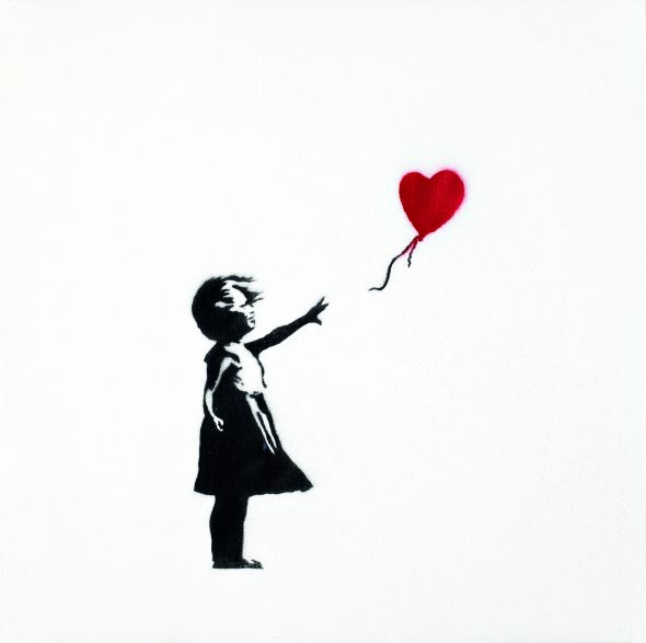 Autore: Banksy Titolo opera:Girl with Balloon Anno: 2004 Misure: cm 70 x 50 Tecnica: Two-Colour Screen Print on Paper Credito fotografico: ©Steve Lazarides