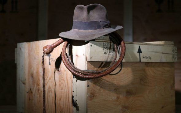 The Fedora (estimate £200-300,000) and Bullwhip (estimate £50-70,000) as used by Harrison Ford in Raiders of the Lost Ark and Indiana Joes and the Temple of Doom respectively CREDIT: ANDREW MATTHEWS/PA