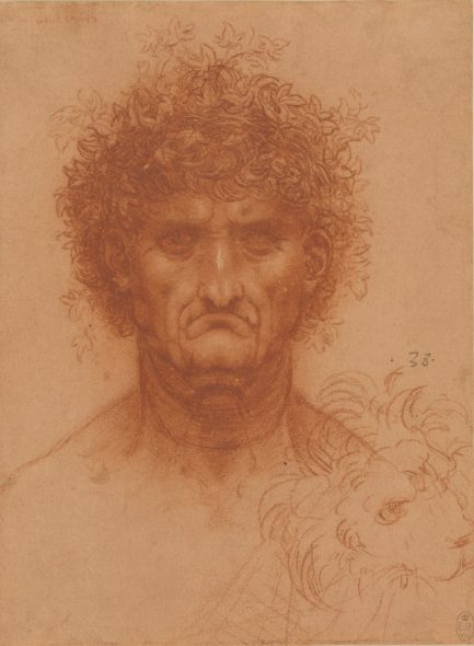 Leonardo da Vinci (1452-1519) Head of a Man, Full Face, and the Head of a Lion, c. 1508-09 Red chalk, heightened with white on paper with a red preparation Royal Collection Trust / © Her Majesty Queen Elizabeth II
