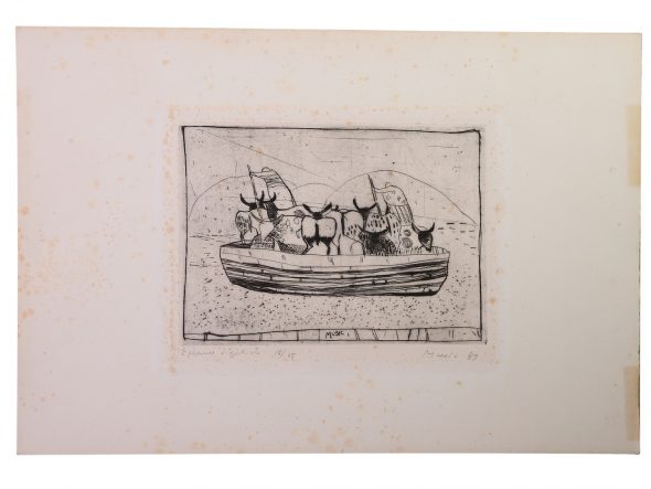 65 Anton Zoran Music (1909-2005) Il traghetto 1949 puntasecca, épreuve d'artiste 13/15, firmata e datata, due margini al verso recano tracce di nastro adesivo visibili al recto, foxing e lievi difetti matrice cm 16,5x24,5, foglio cm 32,5x50 stima in catalogo € 400/600 aggiudicazione € 1.625,00