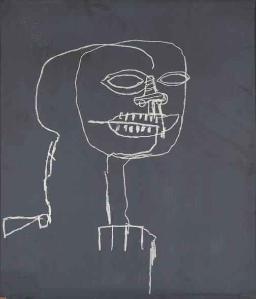 Jean-Michel Basquiat Untitled 1988 Oil stick and acrylic on plywood 106.7 by 91.4 cm | 42⅛ by 36 in Estimate $2/4 Million
