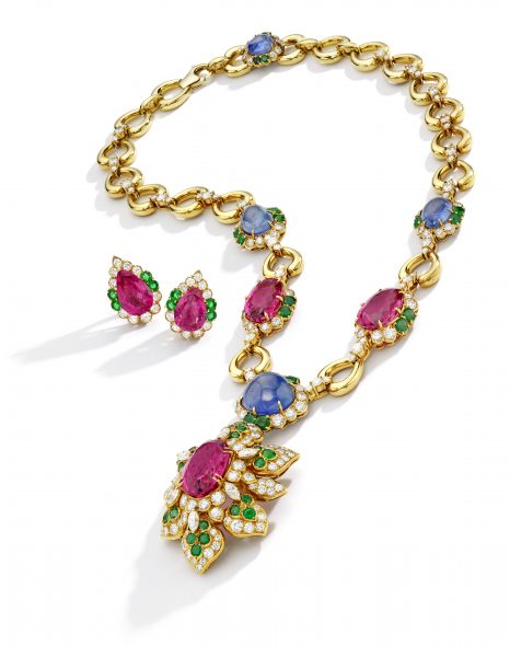 Pink Tourmaline, Sapphire, Emerald and Diamond Suite, Van Cleef & Arpels, France. Estimate $ 60/80,000