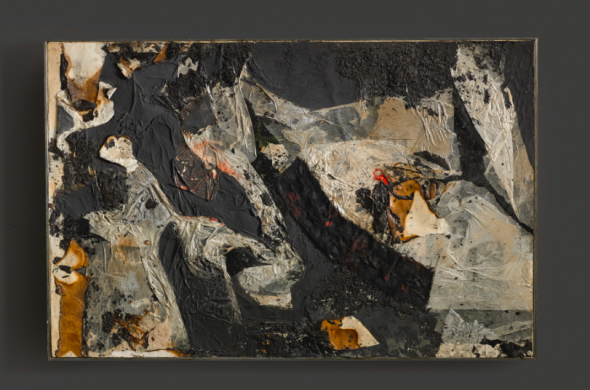 Alberto Burri COMBUSTIONE SIGNED, DEDICATED AND DATED ROMA 61 ON THE REVERSE, COMBUSTION, VINAVIL, FABRIC, ACRYLIC AND PAPER AND TISSUE PAPER COLLAGE ON CARDBOARD LAID ON CANVAS. Estimate 200,000 — 300,000 EUR LOT SOLD.369,000 EUR 
