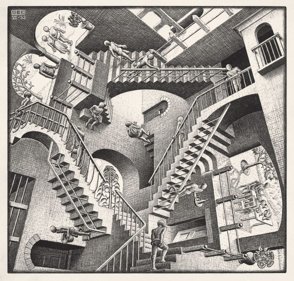 Maurits Cornelis Escher Relatività, 1953 Litografia, 27,7×29,2 cm Collezione privata, Italia All M.C. Escher works © 2018 The M.C. Escher Company. All rights reserved