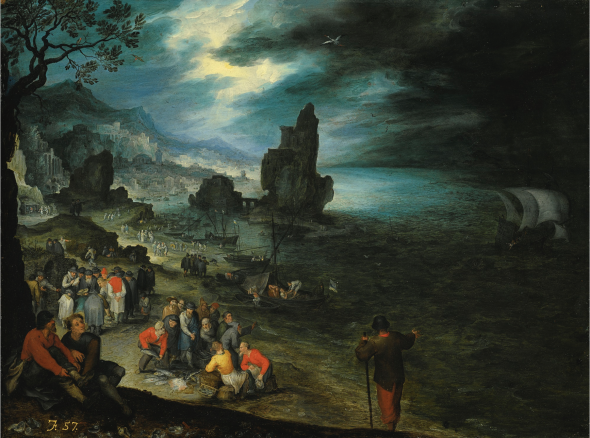 Jan Brueghel the Elder AN EXTENSIVE COASTAL LANDSCAPE WITH FISHERMEN LANDING AND SELLING THEIR CATCH, JONAH BEING CAST OVERBOARD OFFSHORE Estimate 1,800,000 — 2,500,000 £ Photo: Sotheby's