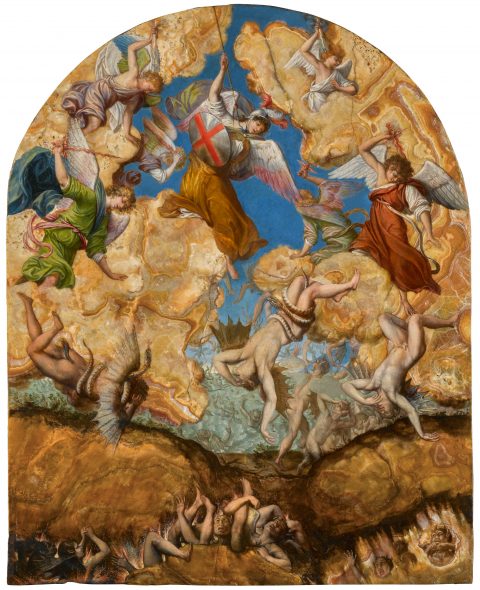 Lot 14 Property of an American Collector Orazio Gentileschi The Fall of the Rebel Angels oil on alabaster, with an arched top 19⅝ by 15⅞ in.; 49.8 by 40.3 cm. Estimate $2.5/3.5 million Sold for $3,255,000