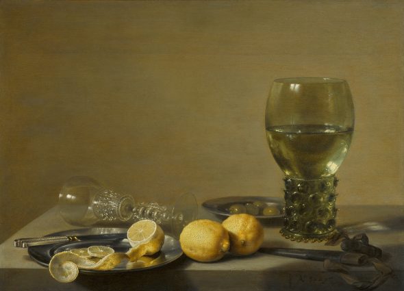 Lot 22 Pieter Claesz. Still Life of Lemons and Olives, Pewter Plates, a Roemer and a Façon-de-Venise wine Glass on a Ledge signed in monogram and dated lower right: PC Ao .1629. oil on oak panel 17 1/2 by 24 in.; 44.5 by 61 cm.; Estimate $700/900,000 Sold for 2,535,000 RECORD FOR THE ARTIST AT AUCTION