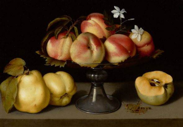 Lot 42 Property of a West Coast Collector Fede Galizia A Glass Compote with Peaches, Jasmine Flowers, Quinces, and a Grasshopper Oil on panel 12 by 17 in.; 30.5 by 43.2 cm. Estimate $2/3 million Sold for $2,415,000 RECORD FOR THE ARTIST AT AUCTION