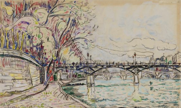Paul Signac 1863 - 1935 PONT DES ARTS Signed P Signac and dated 1928 (lower left); dated 7 avril (lower left) Watercolor and black chalk on paper 10 3/4 by 18 in. 27.3 by 45.7 cm Executed on April 7, 1928. 