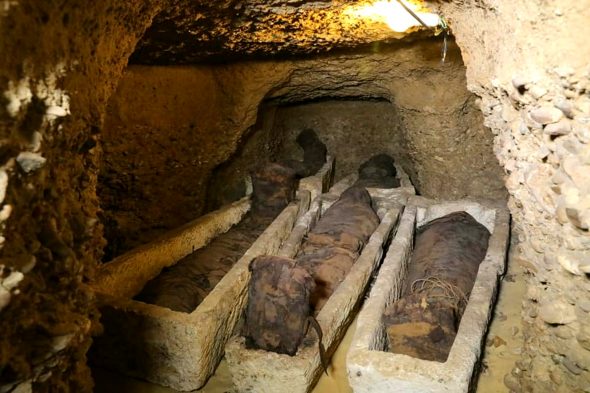 Le mummie trovate a Minya, nella necropoli di Tuna el-Gebel (foto Facebook Ministry of Antiquities)