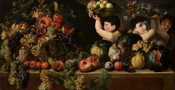 STILL LIFE OF FRUIT WITH THREE FIGURES OF CHILDREN BARTOLOMEO CAVAROZZI (Viterbo, 1587 - Rome, 1625) Oil on canvas 73.5 × 144 cm (28.9 x 56.7 in.) PROVENANCE Private collection, Italy