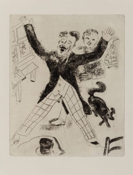 Chagall,Marc / Gogol, Nikolaj Les ames mortes.Traduction de Henri Mongault.Eaux-fortes originales de Marc Chagall. Paris,Tériade Editeurs,1948. Due volumi In-Folio. (280 x 380 mm.).(IV)+160+(4) pp. / (VIII)+165-308+(12) pp. 118 acqueforti originali di cui 96 fuori testo,11 testatine ed iniziali e 11 incisioni al prospetto delle tavole. Fogli sciolti conservati entro brossure editoriali