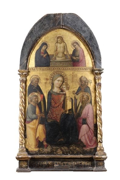 Lippo d'Andrea, già Pseudo-Ambrogio di Baldese (Firenze 1377- prima del 1451) Madonna con Bambino e Santi Tempera su tavola sagomata a fondo oro cm 71x39 Stima: € 38.000-40.000