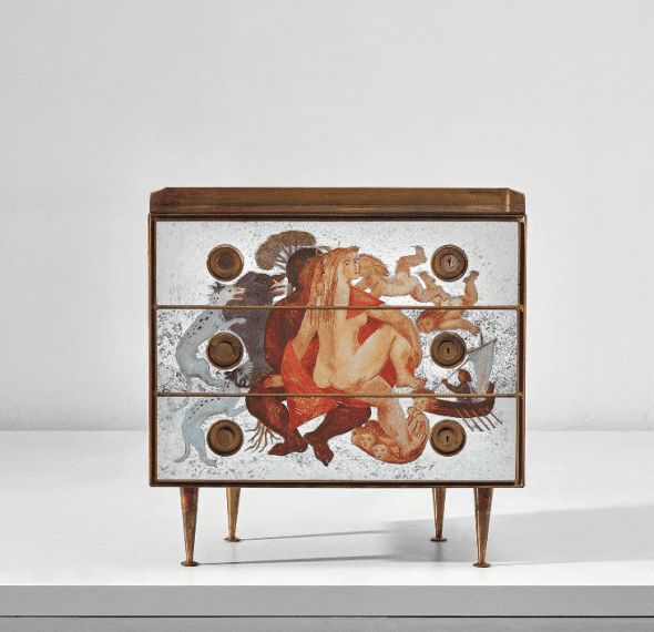 315 GIO PONTI AND EDINA ALTARA Follow Chest of drawers circa 1951 Mirrored verre églomisé, burr walnut-veneered wood, brass. 101.7 x 100.6 x 47 cm (40 x 39 5/8 x 18 1/2 in.) Executed by Giordano Chiesa, Milan, Italy. Estimate £45,000 - 65,000 SOLD FOR £337,500