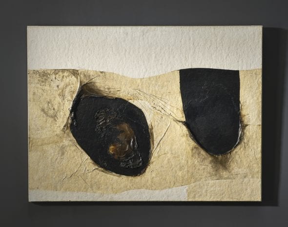 Alberto Burri BIANCO PLASTICA SIGNED AND DATED 65 ON THE REVERSE, PLASTIC, ACRYLIC, VINAVIL AND COMBUSTION ON CELLOTEX. Estimate 600,000 — 800,000 EUR