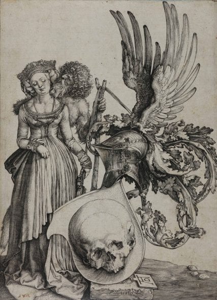 Albrecht Dürer, La donna, il Tempo e lo scudo della Morte, incisione a bulino, 216 x 158
