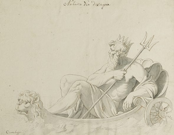 Carlo Cantaluppi, disegno per fregio di Nettuno che decora un piccolo comodino di Giuseppe Maggiolini