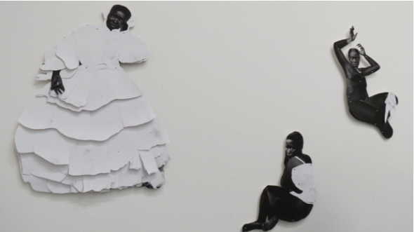 Frida Orubapo, Untitled, 2018, Untitled 2018 e Untitled, 2019, collages con graffette su alluminio courtesy l'Artista