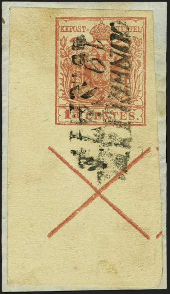 Lombardo Veneto. 15 centesimi usato con Croce di Sant’Andrea. Stima 7.500 franchi, realizzo 9.500 franchi. 