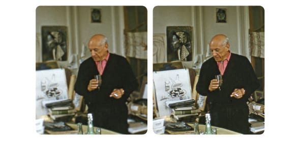 Picasso in his studio by Robert Mouzillat. © Elizabeth Mouzillat Jowett 2013. 
