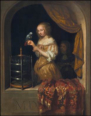 Caspar Netscher (1639-1684), Woman feeding a parrot signed and dated ‘CNetscher.Ao./16.66.’ (CN linked) (lowerleft) oil on panel, 18 1/8 x 14 5/8 in. (46 x 37 cm.) Estimate: $2,000,000-3,000,000