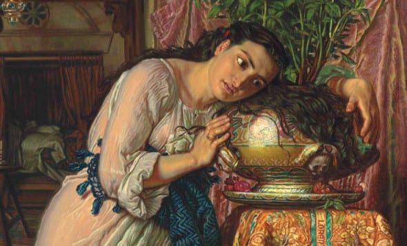 William Holman Hunt, O.M., R.W.S. (1827-1910) Isabella and the Pot of Basil signed with monogram and dated ‘Whh 67’ (lower left) oil on canvas 23.7/8 x 15.1/4 in. (60.6 x 38.7 cm.) Particolare.