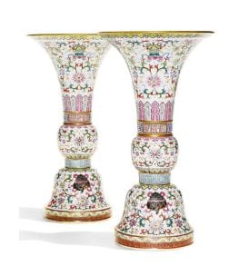 Pair of famille-rose altar vases (Gu) from the Qianlong era. Estimate: £100,000-150,000