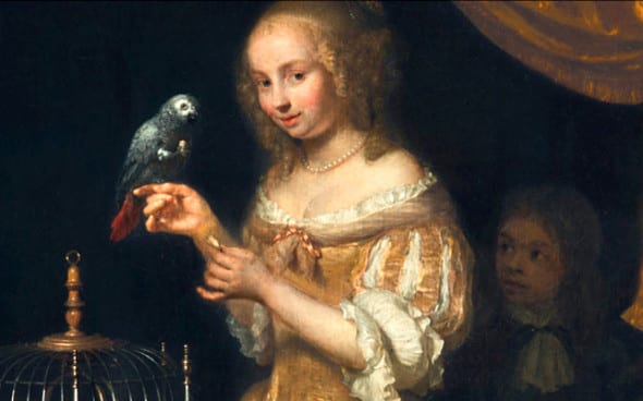 Caspar Netscher (1639-1684), Woman feeding a parrot. Particolare.