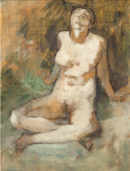 Edgard Degas (1834-1917) Nu assis jambes croisées, 1880 Hiule sur panneau Signée en bas à droite Cachet de l'atelier au dos cm 35x27 Stima: €350.000-500.000