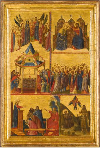 SOLD BY ORDER OF THE 12TH DUKE OF NORTHUMBERLAND AND THE TRUSTEES OF THE NORTHUMBERLAND ESTATES GIOVANNI DA RIMINI DOCUMENTED 1292 - 1309/14 LEFT WING OF A DIPTYCH WITH EPISODES FROM THE LIVES OF THE VIRGIN AND OTHER SAINTS: THE APOTHEOSIS OF AUGUSTINE; THE CORONATION OF THE VIRGIN; CATHERINE DISPUTING WITH THE PHILOSOPHERS; FRANCIS RECEIVING THE STIGMATA; AND JOHN THE BAPTIST IN THE WILDERNESS tempera on panel, gold ground, in an engaged frame 52.5 by 34.3 cm.; 20 5/8  by 13 1/2  in. Estimate 2,000,000 — 3,000,000 GBP  