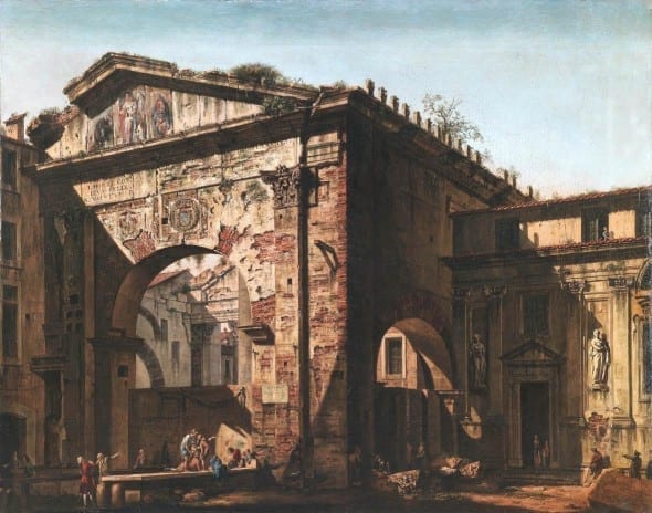 GALLERIA CESARE LAMPRONTI Bernardo Bellotto. Il Portico di Ottavia. Dipinto olio su tela. XVIII secolo. 1769. 84,5 x 107 cm.