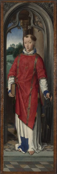 Hans Memling Trittico Pagagnotti 1480 circa San Giovanni Battista (scomparto sinistro); San Lorenzo (scomparto destro); Gru (verso) Olio su tavola, 57,5 x 17,3 cm; 57,5 x 17,1 cm Londra, The National Gallery 