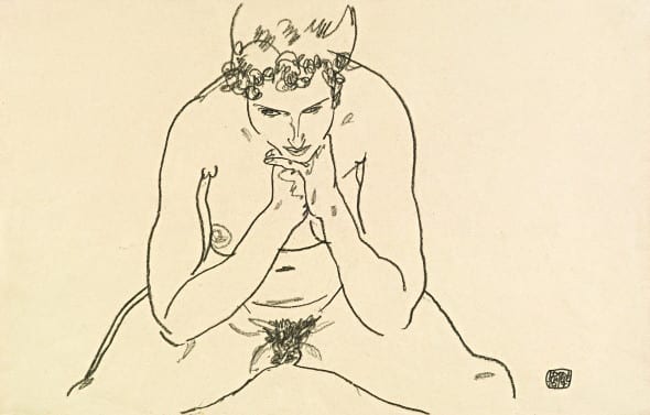 Egon Schiele (1890-1918)  Donna seduta, 1917,  gesso nero su carta, 29,5 x 46 cm  € 140.000 - 220.000 