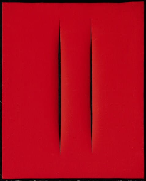 Lucio Fontana - Concetto spaziale, Attese, idropittura su tela, rosso, cm 41x34, 1964-65 stima: 500,000 - 700,000 aggiudicato a : 985,500 (985,500 EUR)