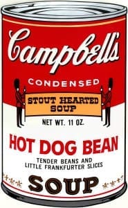 Andy Warhol, Campbell's Soup Hot Dog Bean, serigrafia su carta, 90 x 60 cm. Collezione privata