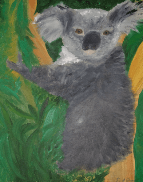 Diana Avgusta Stauer. Koala. Oil on canvas. 50x60 cm. Landscape from "Back to Nature" theme collection.  The artwork is appearing in the book of poetry and art "Indian Sunrise". Milan, 2013.