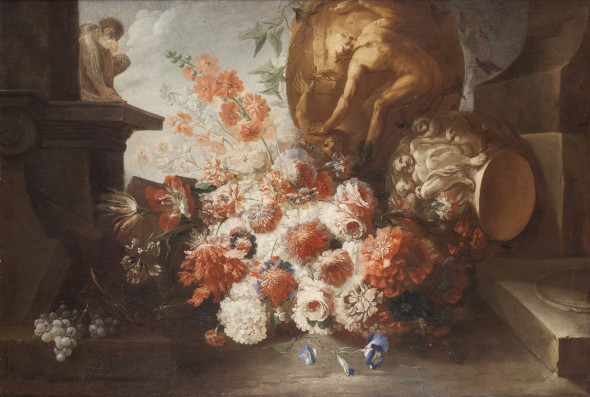 Andrea Belvedere (Napoli 1652 circa - 1732), Genova, 26 maggio 2015 ore 15.00,  Natura morta con fiori, uva, una scimmia e vasi, Olio su tela, cm 112 x 183.5, stima € 80.000 – 120.000 